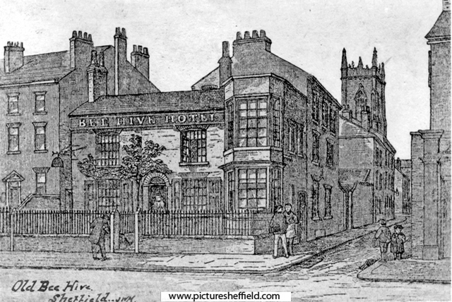 Beehive Hotel, No 240, West Street. Portland Lane, right. St. George's Church in background. The railings were there 1870-1880.