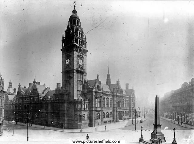 Town Hall and Jubilee Monolith, Town Hall Squre looking towards Pinstone Street, pre 1905