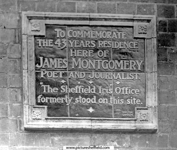 James Montgomery Plaque, showing the site of the Iris printing office, Sheffield Telegraph Offices, Hartshead