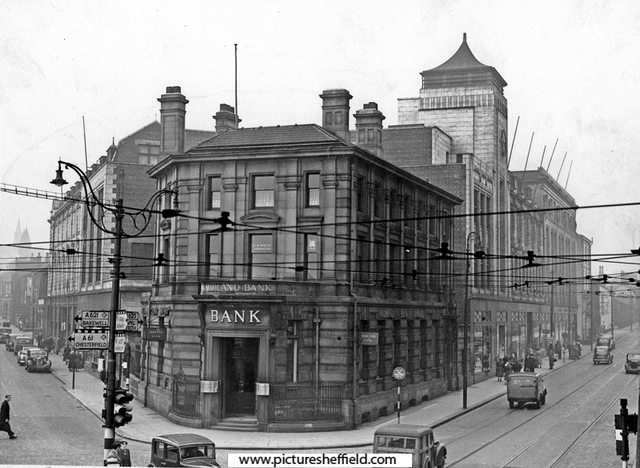 Midland Bank, No 3 Ecclesall Road, Cemetery Road, left, Ecclesall Road, right, Sheffield and Ecclesall Co-op, The Arcade in background