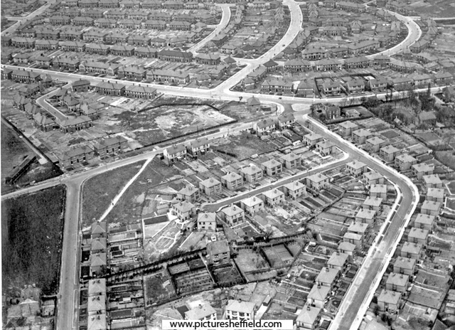 Aerial view of Arbourthorne. East Bank Road, centre.  Hurlfield Road, Hurlfield Drive and Gleadless Common, foreground. Dagnam Road, Atherton Road, Bazley Road and Dagnam Crescent in background
