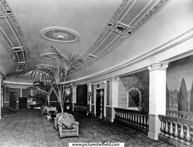 The lounge (note painted Italian Gardens), The Regent Cinema, Barker's Pool, later became Gaumont. Designed by W.E. Trent. Opened 26th December, 1927. Became the Gaumont in 1946 and was twinned by Rank in 1969 and tripled in 1979. Closed 7th November