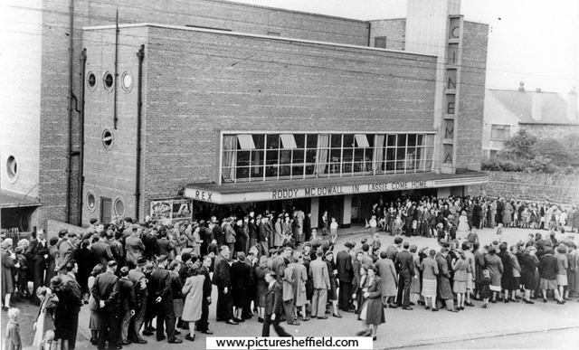 Rex Cinema, junction of Mansfield Road and Hollybank Road, Intake - queue to see 'Lassie Come Home' during World War II. 