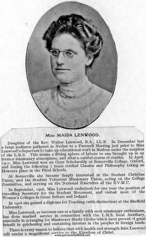 Miss. Maida Lenwood (1881 - 1939), missionary to Madras and graduate of Oxford and Sheffield Universities.