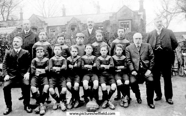 Wadsley National School, football team in front of Hannah Rawson's Almshouses, Worrall Road, 1912/13