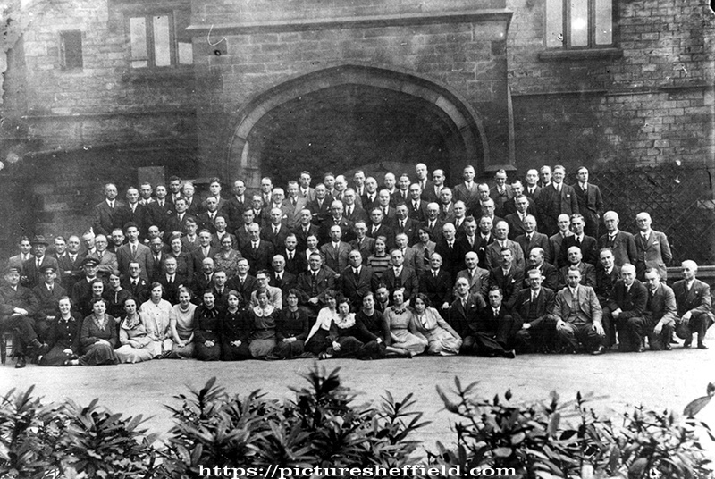 Staff of the London, Midland and Scottish Railway Co. in front the Headquaters, The Farm, Granville Road