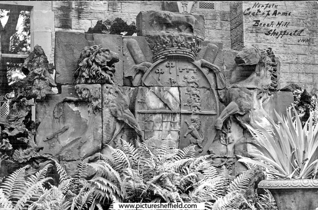 Duke of Norfolk Coat of Arms, in the grounds of Beech Hill, Norfolk Park Road. This piece of stonework later appears in the grounds of the old Gin Stables, Stafford Lane