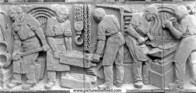 Carving of workmen in Weston Park Museum by W.F. Tory