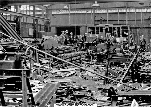 Interior bomb damage at W. T. Flather Ltd., Bright Steels, Sheffield Road, Tinsley