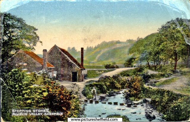 Holme Head Wheel and stepping stones, River Rivelin. Earliest mention is the lease in 1742, for 21 years to Nicholas Morton and William Shaw. By 1905, The Waterworks had acquired the wheel and it was reported to be in good condition 