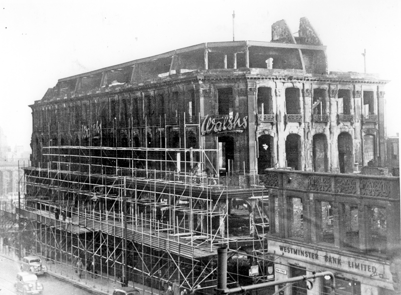 Demolition of John Walsh Ltd., Nos 44-64, High Street, after standing derelict for several years after the Blitz