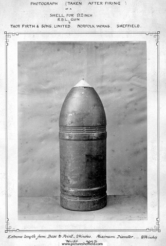 Shell (photograph took after firing), made by Thomas Firth and Sons Ltd.