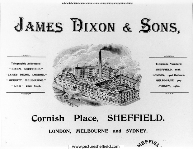 Woodcut print advertisement for James Dixon and Sons, manufacturer of silver and silver plated goods, Cornish Place, Cornish Street, Shalesmoor