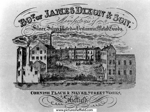 Woodcut print advertisement for James Dixon and Sons, Cornish Place, Cornish Street and Silver Street Works, Silver, Silver Plated and Britannia Metal Goods