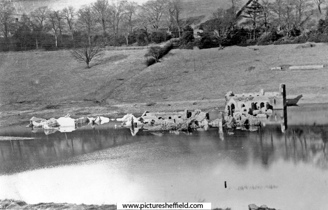 Ruins of Derwent Hall, Ladybower Reservoir, during drought, 1935-45 	