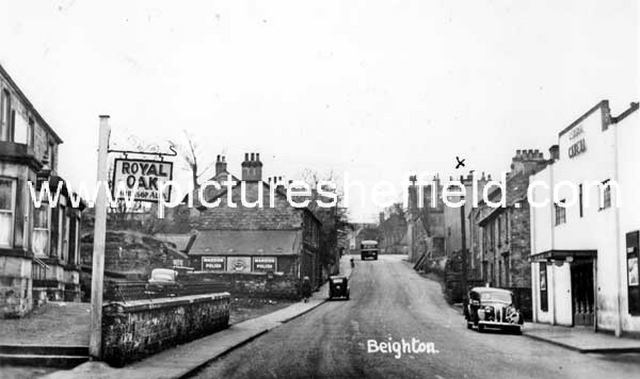 High Street, Beighton. No. 44, Royal Oak public house, on left, Central Hall Cinema, on right