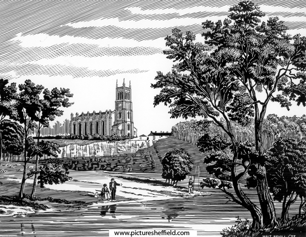 Christ Church, Attercliffe Road from the River Don by Walter Revill. Described in early directories as standing near the bold cliff which overhangs the Don