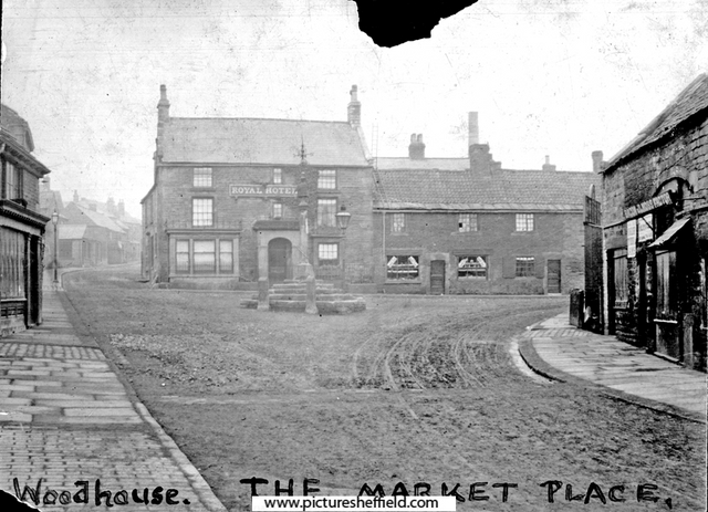 Looking towards Cross Street and Market Place including Woodhouse Market Cross and Royal Hotel (No 10, Market Square), from Market Place. Tannery Street on left, in background