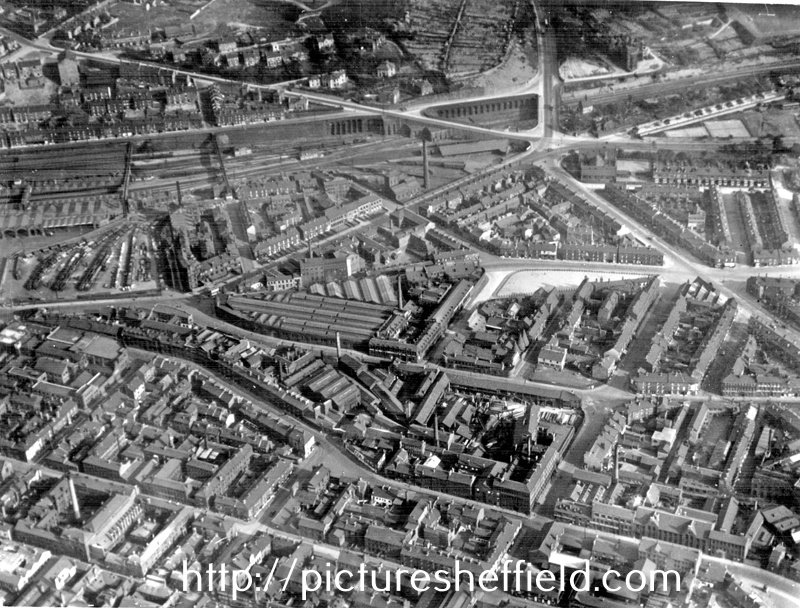 Aerial view - City Centre including Midland Station, top left, Shoreham Street (including City Saw Mills) and Leadmill Road (including Central Tram Depot), centre, St. Mary's Road, right, Furnival Street, Matilda Street and Sydney Street in f