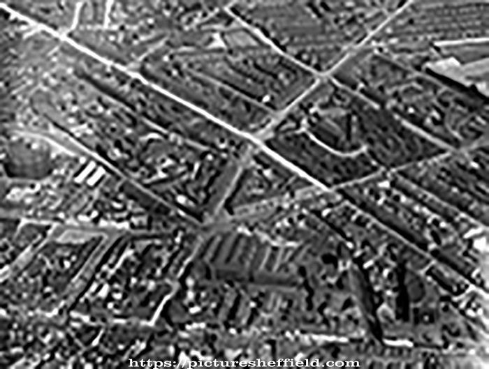 Aerial view - City Centre and St. Mary's including St. Mary's Road to left of St. Mary's Church, Britannia Brewery, Clough Road, right of church, Bramall Lane, front of church, Brunswick Chapel and The Moor in foreground and Vulcan Works behi
