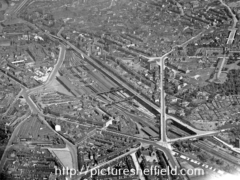 City Centre and Park including Sheaf Street leading to Sheffield Midland railway station, centre, Granville Street behind, Shrewsbury Road leading to South Street Park, Shrewsbury Hospital, extreme right and Tram Car Depot, Leadmill Road, bottom left
