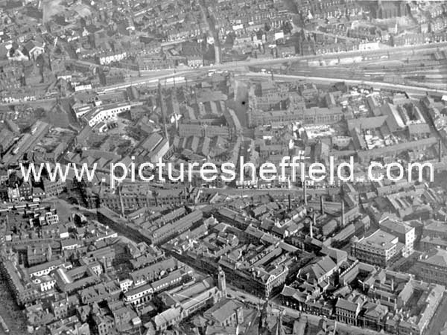 Aerial view - City Centre including Norfolk Street in foreground (note Victoria Hall), Pond Street and Pond Hill (centre), Sheaf Street and Midland Station in background, Lyceum Theatre in foreground to right