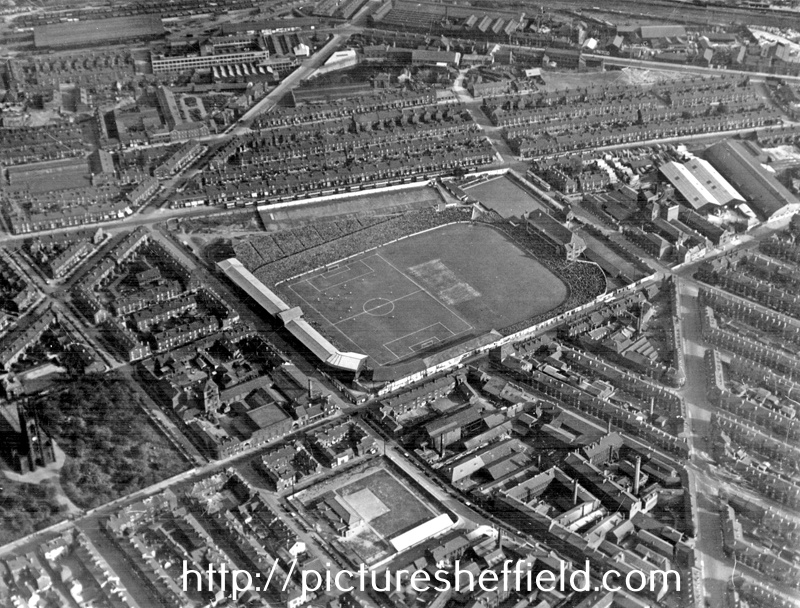 Aerial view - Bramall Lane Football and Cricket Ground, Denby Street Nursery in foreground, St. Mary's Church and Britannia Brewery, left, Hill Street and Anchor Brewery, right, Shoreham Street in background