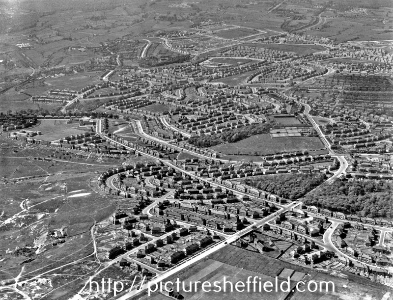 Aerial view - Longley Estate showing Sheffield Corporation Moonshine Reservoir, Moonshine Lane (middle right of picture), Shirecliffe Secondary School, Penrith Road/Longley Avenue (extreme left of picture) and Herries Road (through centre of picture)