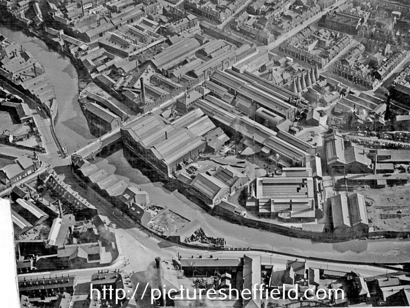 Aerial view - Rutland Road, Neepsend Lane, Neepsend Bridge over the River Don, Picture Theatre (left of picture) and Rutland and Regent Steel Works
