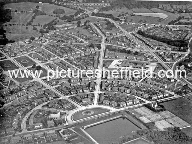 Aerial view - Longley Estate showing Sheffield Corporation Moonshine Reservoir, Moonshine Lane, Herries Road, Longley North Council School