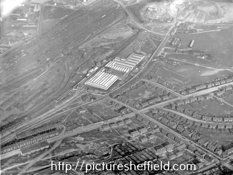 Aerial view - Sheffield Corporation Abattoir - roads including Cricket Inn Rd. (across centre ), Maltravers Rd, Maltravers Plce and Maltravers Cres, Whites Lne(bottom of picture), Aston Street also showing L.M.S and L.N.E. Railways and Nunnery St