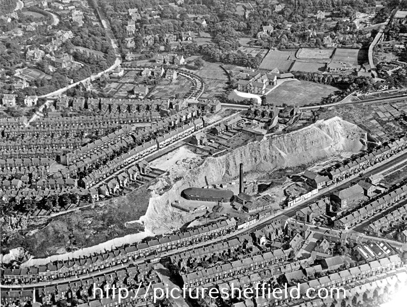 Aerial view - Brincliffe including (left-right) John Gregory and Son Ltd, Brick Manufacturers, No. 847, Ecclesall Road and Greystones Road in foreground, Hunter House Road, Psalter Lane and Boys' Charity (Blue Coat) School in background