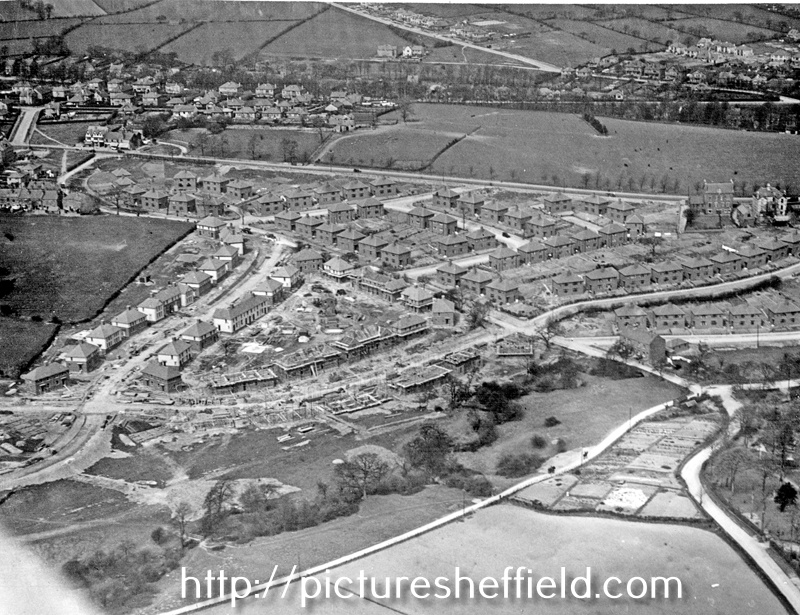 Aerial view - Laverdene Estate, Bradway / Totley including (left-right) construction of Green Oak Road, Aldam Road, Mickley Lane, Laverdene Avenue and Glover Road, foreground, Baslow Road, rear