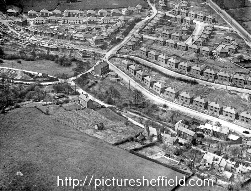 Aerial view - Laverdene Estate, Bradway / Totley including Queen Victoria Road, Laverdene Avenue and Glover Road, foreground, Mickley Lane, Green Oak Road, Aldam Road, Laverdene Drive, Laverdene Way, Laverdene Road and Baslow Road, rear