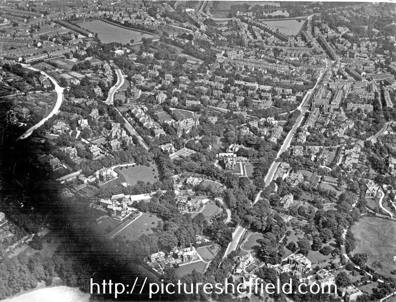 Aerial view - Endcliffe/Broomhill including (l. to r.), Manchester Road (note Blind School), Fulwood Road (notable houses, left, from front, Tapton Edge, Tapton Court, Tapton Cliffe, Fairfield and Birchlands) and Ashdell Road, Hadfield and Godfrey D