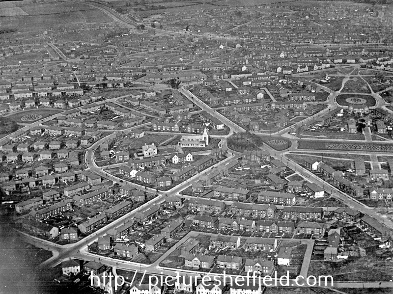 Aerial view - Manor Estate, roads including Windy House Lane, Wulfric Road (through centre), Fitzhubert Road and City Road (bottom of picture), showing St. Swithun's Church and  Stand House Council School, Queen Mary Road