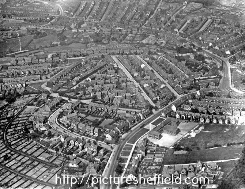Aerial view -Woodseats including Linden Avenue leading to Camping Lane, Abbey Lane and Abbey Lane School, foreground, Chesterfield Road in background