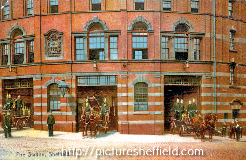 Horse drawn fire engines outside West Bar Fire Station