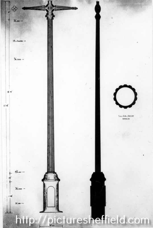 Sheffield Standard Lamp Pillar showing elevation with core and section. Lamps made at john M. Moorwood Ltd., Eagle Foundry, Attercliffe