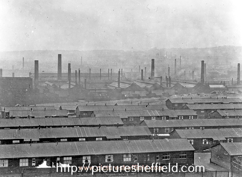Looking down across Petre Street and Munition Street Huts, Grimesthorpe towards Carlisle Street Schools, Atlas and  Norfolk Street Works in the distance. Huts demolished 1940