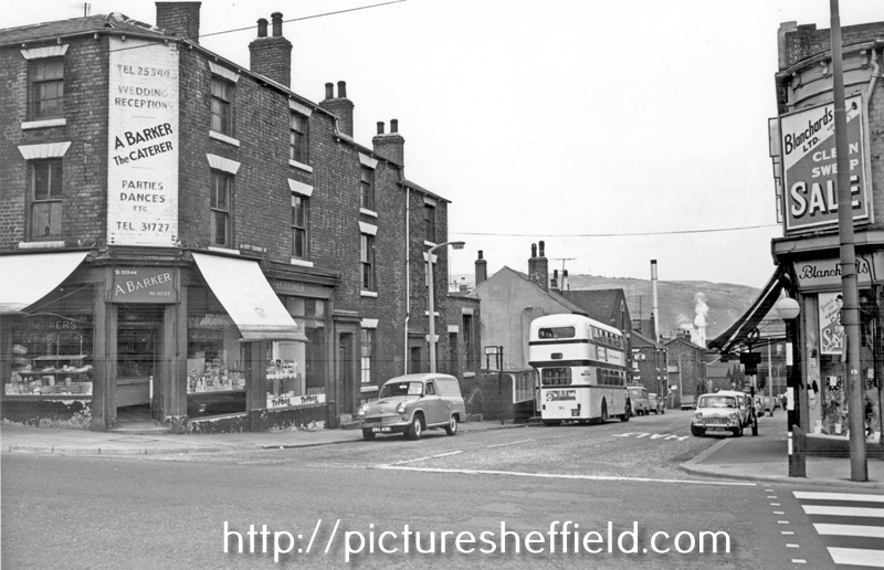 Albert Terrace Road photographed from Infirmary Road, Arnold Barker, caterer, 126 Infirmary Road, left, Blanchards Ltd., right