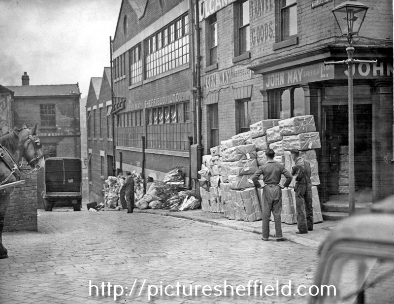 Arundel Lane from Arundel Street - showing Nos. 33 - 37 Arundel Street, John May (Sheffield) Ltd. Vulcan Works, basket makers and the derelict H. Jenkins and Sons, Beta Works, haft and scale cutters, Arundel Lane