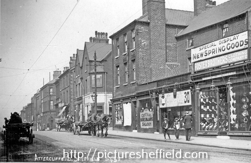 Attercliffe Road - showing No. 638 Horse and Jockey public house (licensee Henry Justice jnr.), Baltic Road, Central Saloon, hairdressers, Steve Wright's and Foster Brothers, outfitters