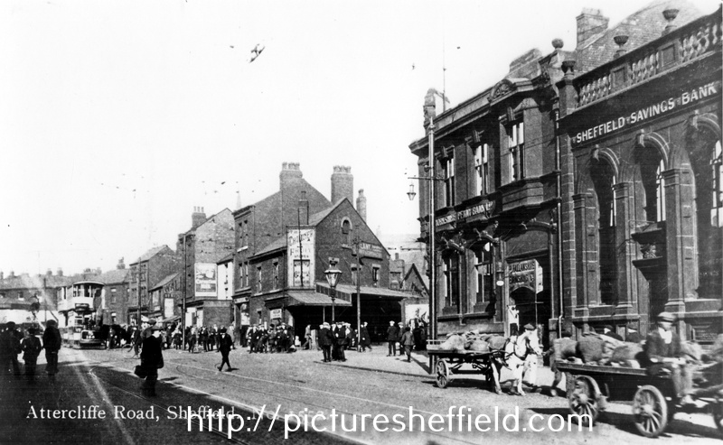 Sheffield Savings Bank, Yorkshire Penny Bank Ltd., No. 580 Attercliffe Road at the junction of Staniforth Road showing Thos. Hy. Challoner, green grocer and other properties