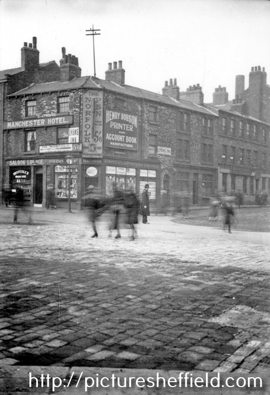 Corner of Division Street and Holly Street from Barkers Pool, Manchester Hotel, Nos 4-6 Division Street