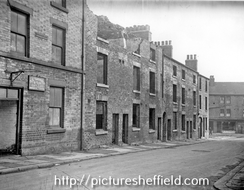 A. E. Thompson and Sons, cutlery manufacturers, Victor Works, Bowdon Place, Bowdon Street and demolition of housing, looking towards Button Lane