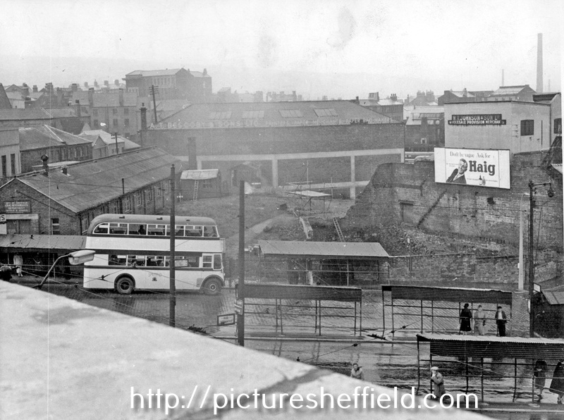 Bus shelters, Coulston Street looking towards Spring Street, Civic Restaurants Dept. Office and Stores, left, A.T. Bescoby and Sons Ltd., Paper Bag Manufacturers, rear
