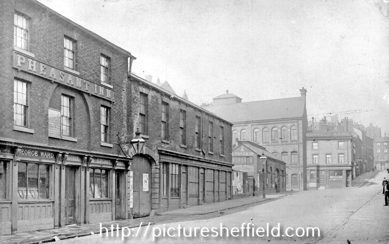 Broad Street, Park, looking towards Norfolk Arms and Dixon Lane, 1895-1915, entrance to Sheaf Market and Pheasant Inn, No 10 on left, 1895-1915