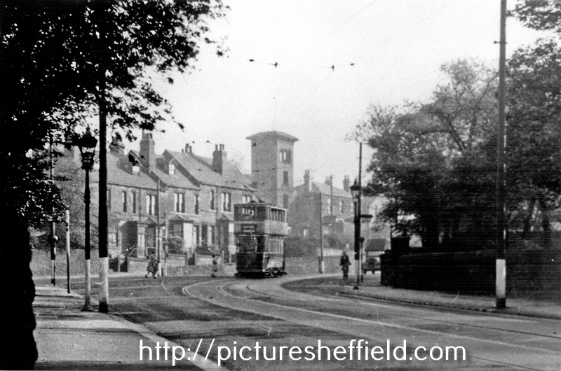 Burngreave Road at the old Toll Bar looking towards Mrs. E. E. Dey's Dancing Academy in the 'Tower', Pitsmoor Road with Abbeyfield Park on the right