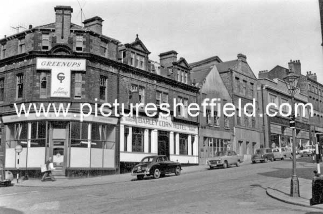 Cambridge Street from corner of Charles Street, No. 38 Barleycorn public house; No. 34 Sheffield Metal Co. Ltd., spoon and fork manufacturers; No. 32 old Bethel Chapel Sunday School, Greenup and Thompson Ltd., printers, corner of Wellington Street